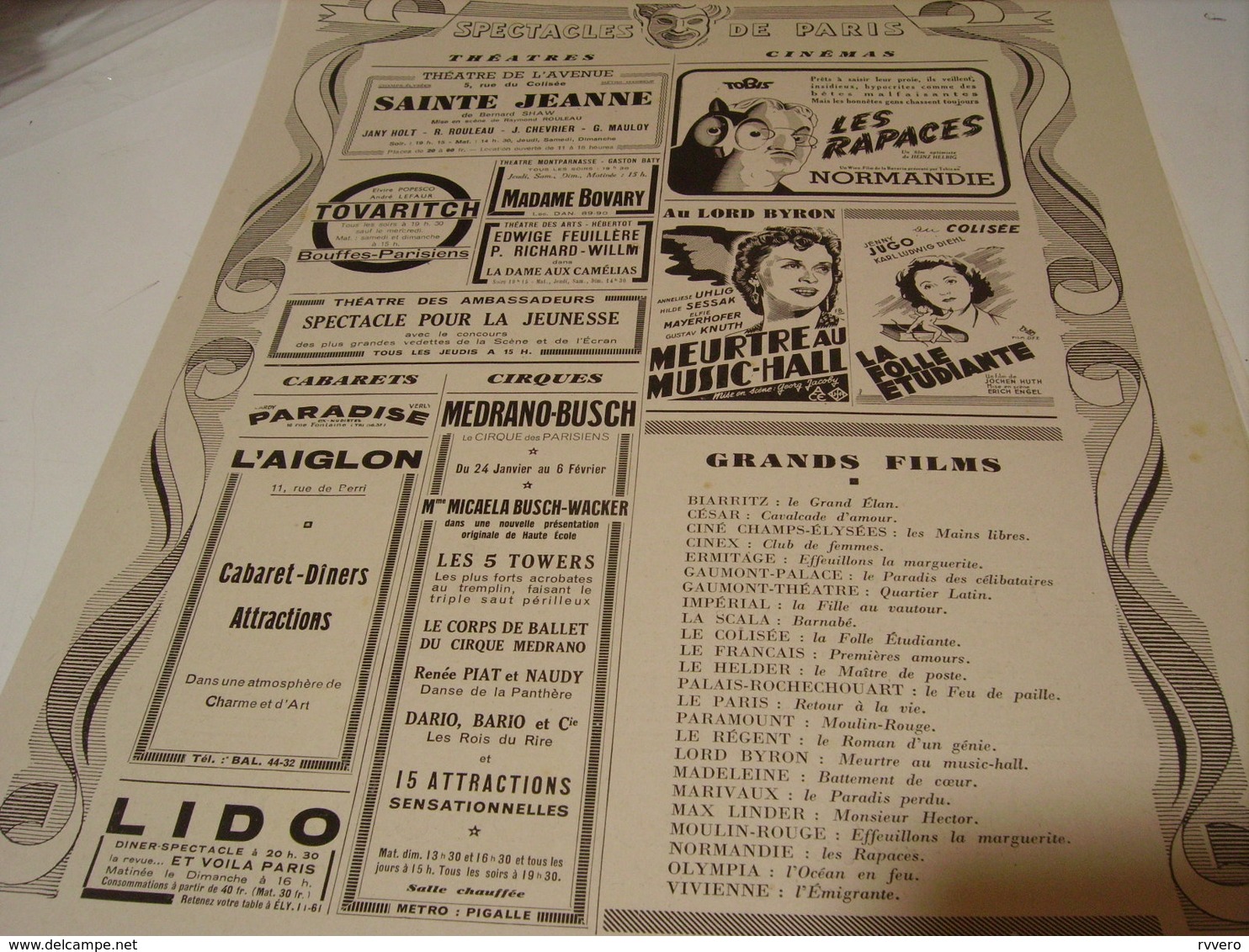 ANCIENNE PUBLICATION SPECTACLE DE PARIS THEATRE CINEMA 1941 - Other & Unclassified