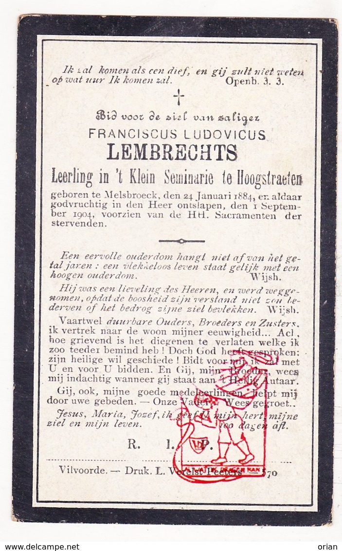 DP Student Franciscus L. Lembrechts 20j. ° Melsbroek Steenokkerzeel 1884 † 1904 / Klein Seminarie Hoogstraten - Santini