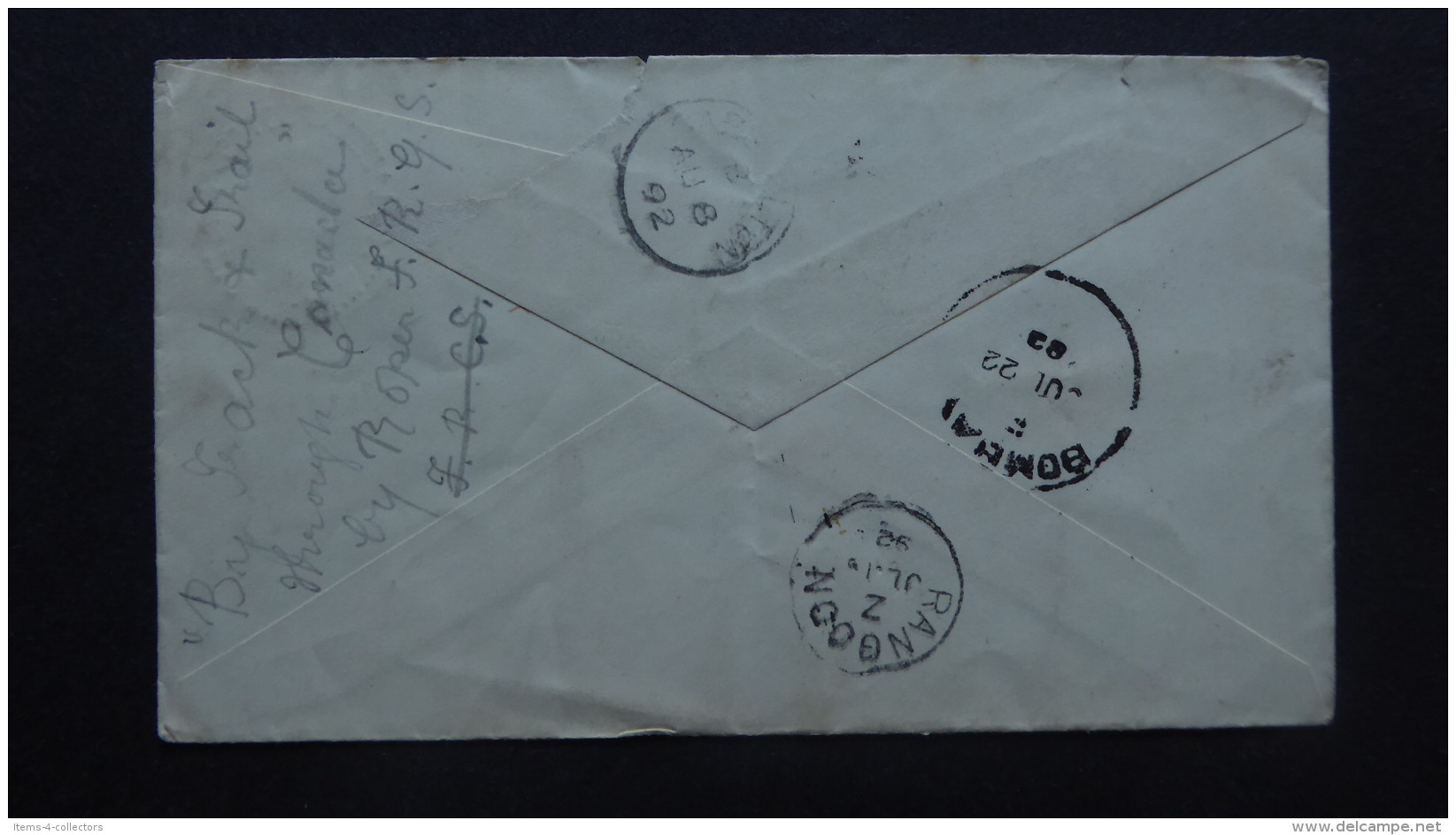 INDIA POSTAL COVER QV POSTMARK RANGOON CANT/RANGOON/BOMBAY/CARSHALTON [LONDON] 1892 - Sonstige & Ohne Zuordnung