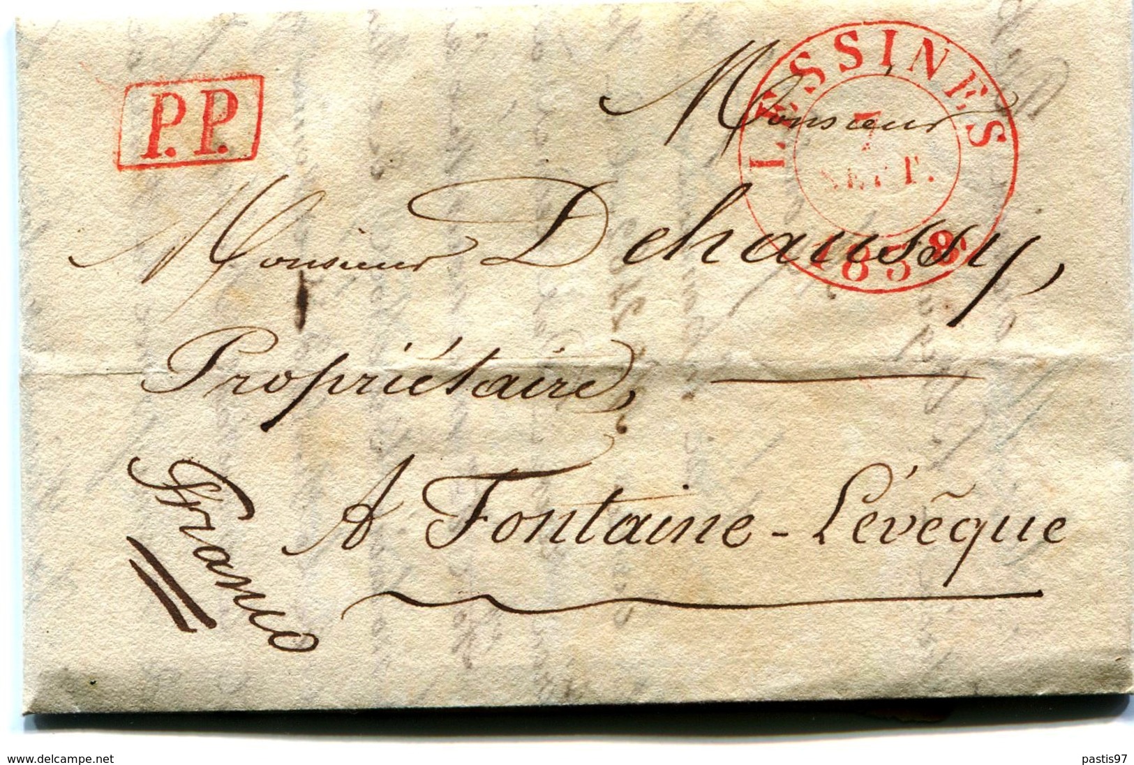 Precurseur LESSINES Cad Rouge Type 14-Fontaine L'Eveque 1838 Taxé 3 Au Verso + Franco - 1830-1849 (Belgique Indépendante)