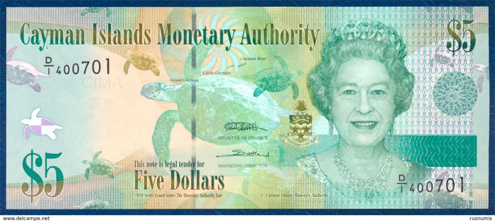 CAYMAN ISLANDS 5 DOLLARS PICK 39a QUEEN ELIZABETH II TURTLE TORTUE SCHILDKRÖTE BIRD PARROT 2010 UNC - Iles Cayman