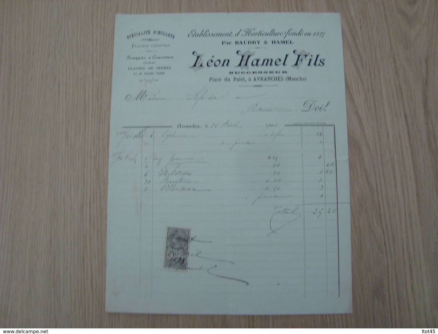 FACTURE LEON HAMEL FILS HORTICULTURE AVRANCHES 1900 - 1900 – 1949