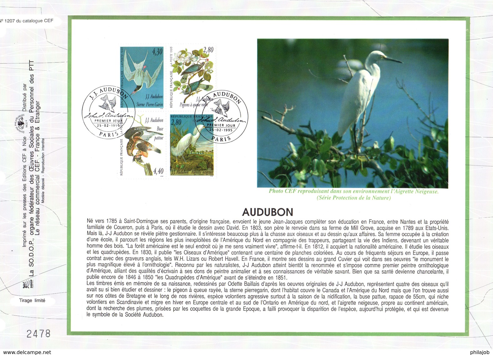 " LES OISEAUX De J.J. AUDUBON " Sur Feuillet CEF 1er Jour De 1995. N° YT 2929 à 2932 Parfait état. FDC - Collections, Lots & Séries