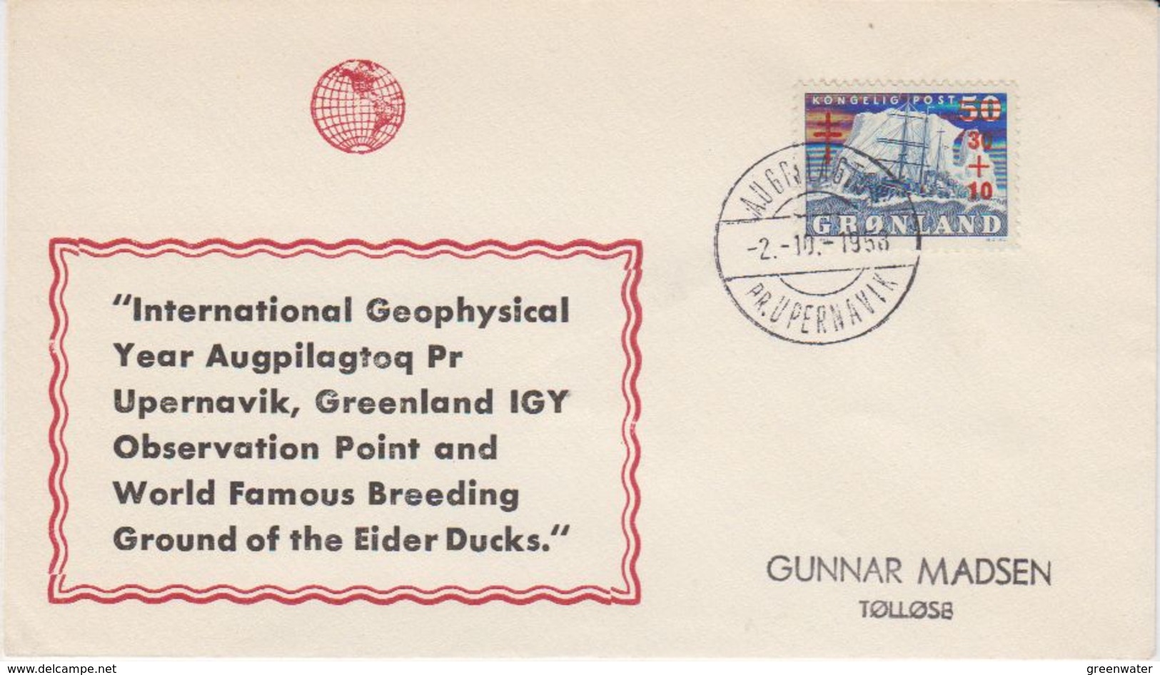 Greenland 1958 International Geophysical Year Augpilagtoq Pr Upernavik Observation Point Cover (40684) - Storia Postale