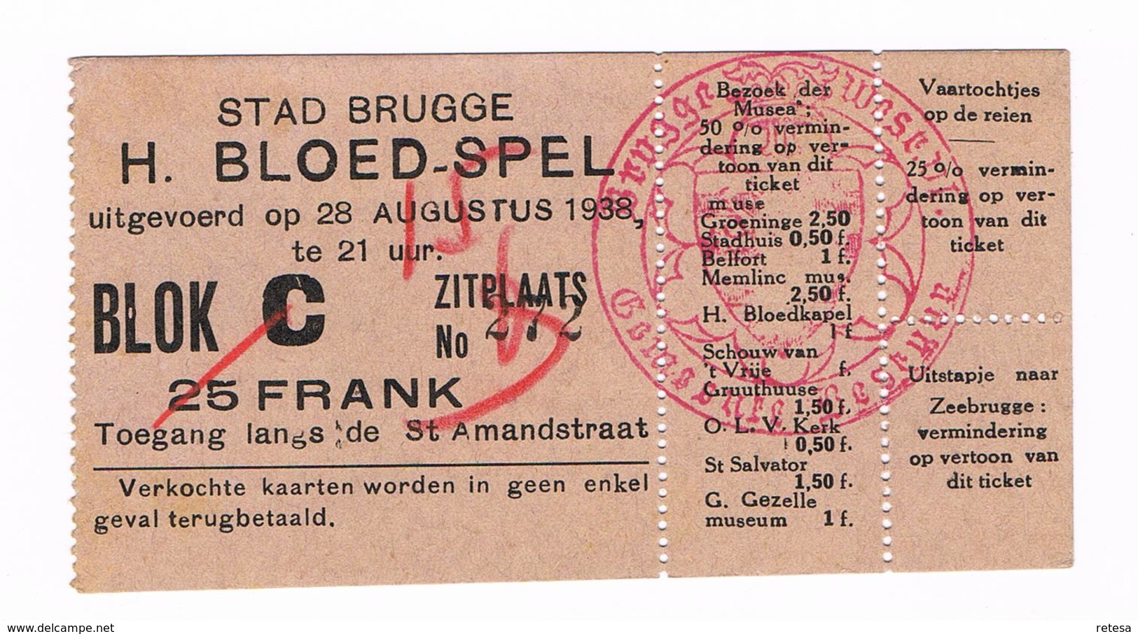 SANGIUS CHRISTI EERSTE HEILIG BLOEDSPEL  1938 TOEGANGSKAART 25 FRANK - Tickets - Vouchers