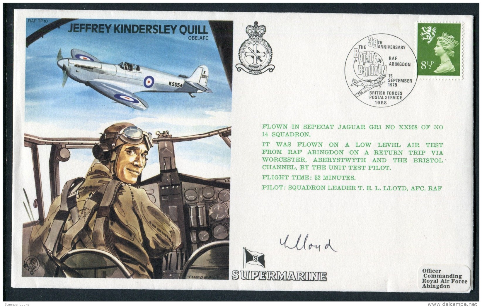 1979 GB RAF BFPS Test Pilot Signed Flight Cover. Jeffrey Kindersley Quill. Abingdon. Spitfire Jaguar - Covers & Documents