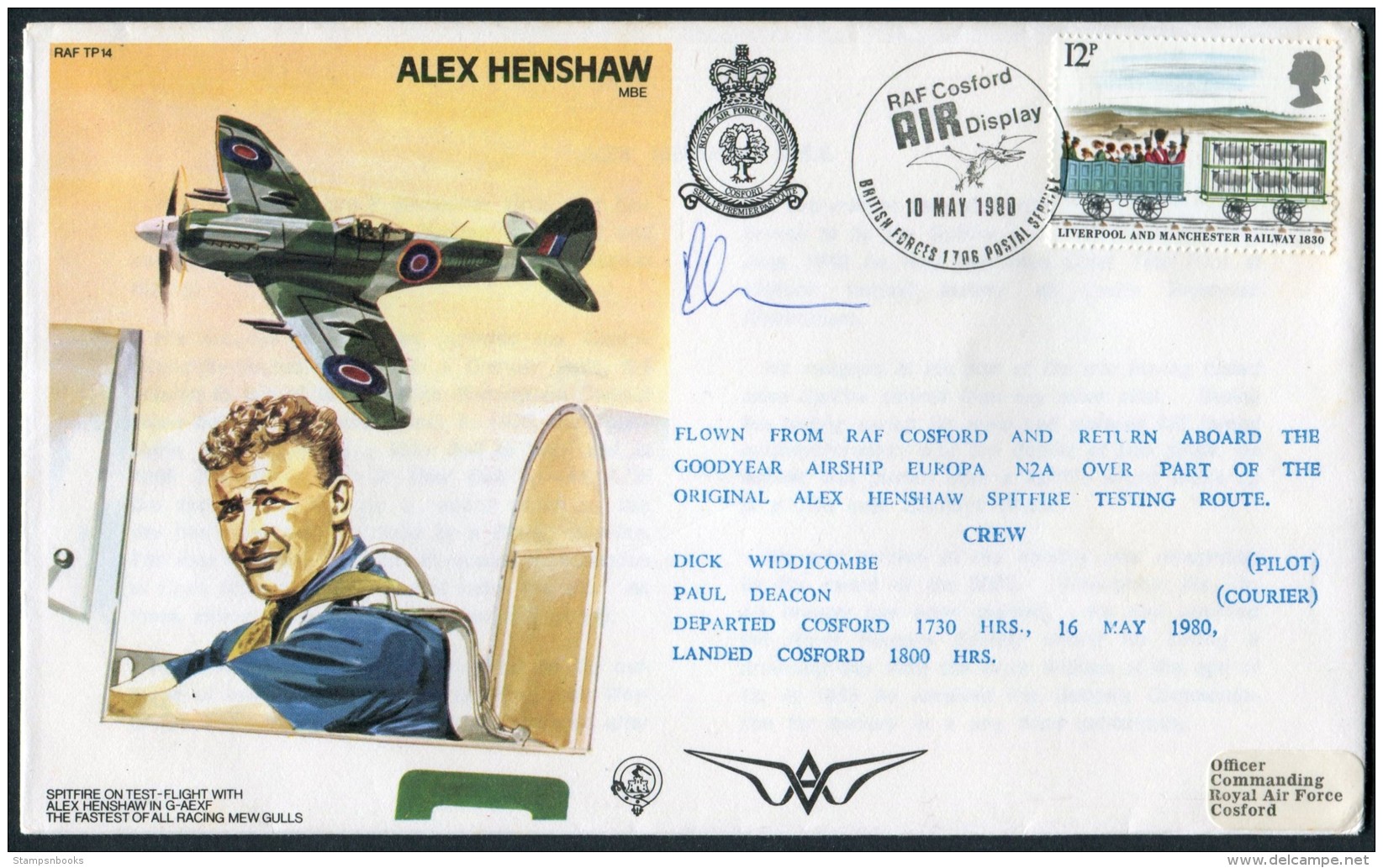 1980 GB RAF BFPS Test Pilot Signed Flight Cover. Alex Henshaw, Cosford Air Display. Goodyear Airship - Covers & Documents