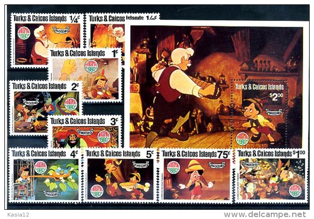 A20353)Disney: Turks + Caicos-Inseln 503 - 511** + Bl 25** - Disney