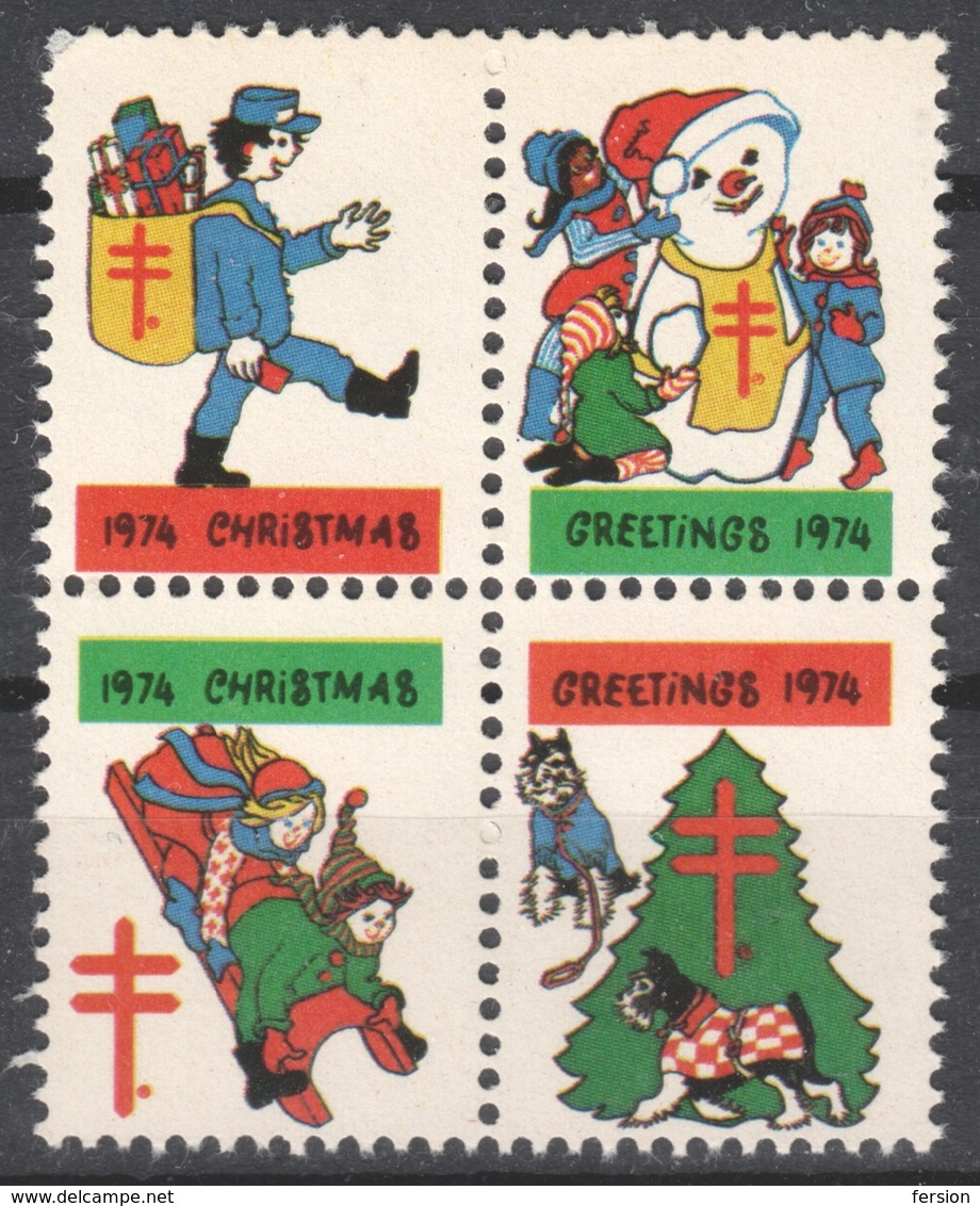 Postman Dog Snowman Sledge 1974 USA - CHRISTMAS - Tuberculosis NTA Charity Stamp Label Cinderella Vignette MNH - Unused Stamps