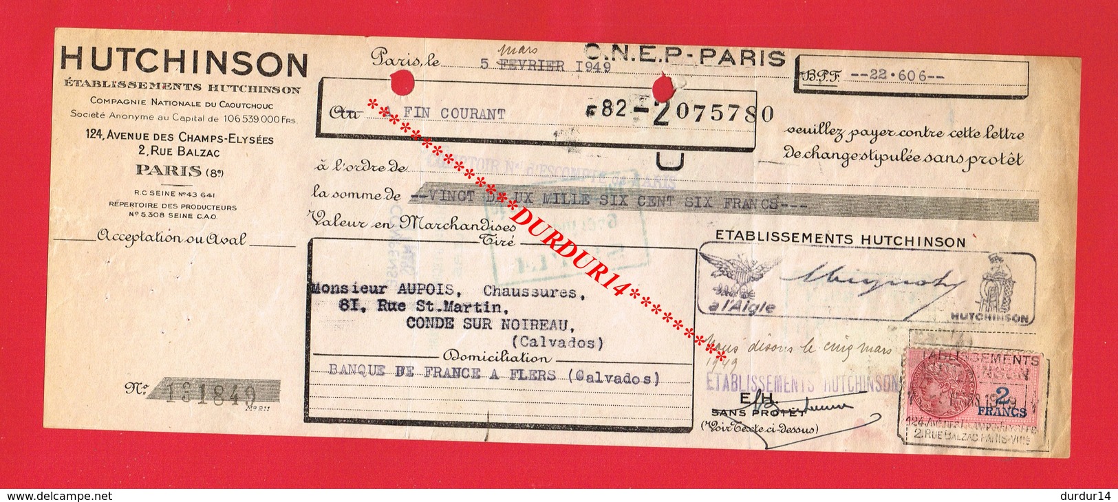 1 Lettre De Change & PARIS 8e Etablissements HUTCHINSON Compagnie Du Caoutchouc - Lettres De Change