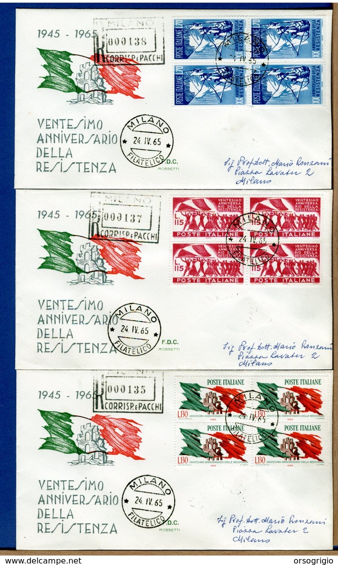 ITALIA - FDC 1965 - TUTTE RACCOMANDATE Con Timbro Di Arrivo - ANNIVERSARIO RESISTENZA - FDC