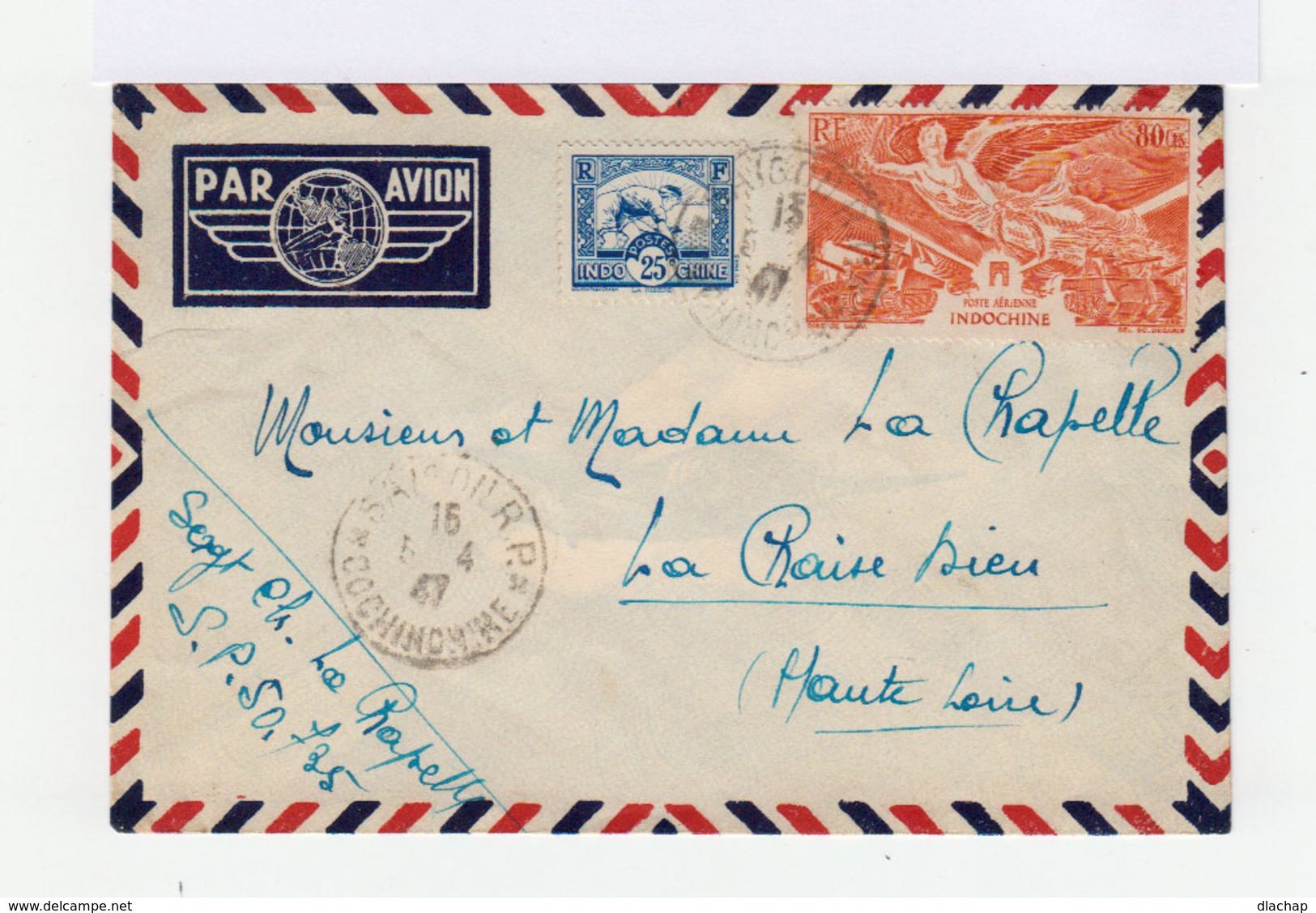 Sur Enveloppe Par Avion 80 Cts Poste Aérienne Anniversaire Victoire Et 25 C. Bleu. CAD Saïgon 1947. (689) - Luftpost