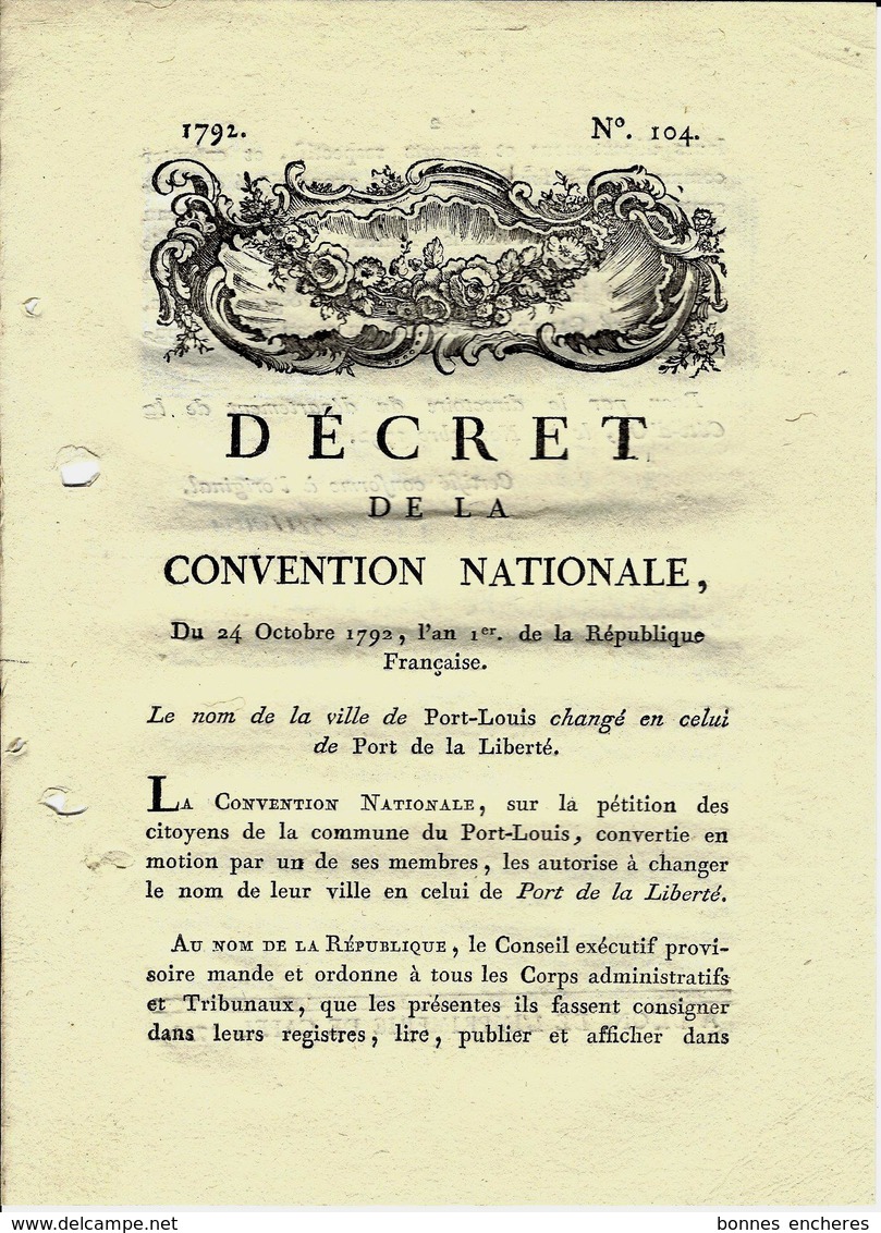 1792 REVOLUTION  DECRET CONVENTION NATIONALE LORIENT  "PORT LOUIS" Changé En "PORT DE La Liberté" - Décrets & Lois