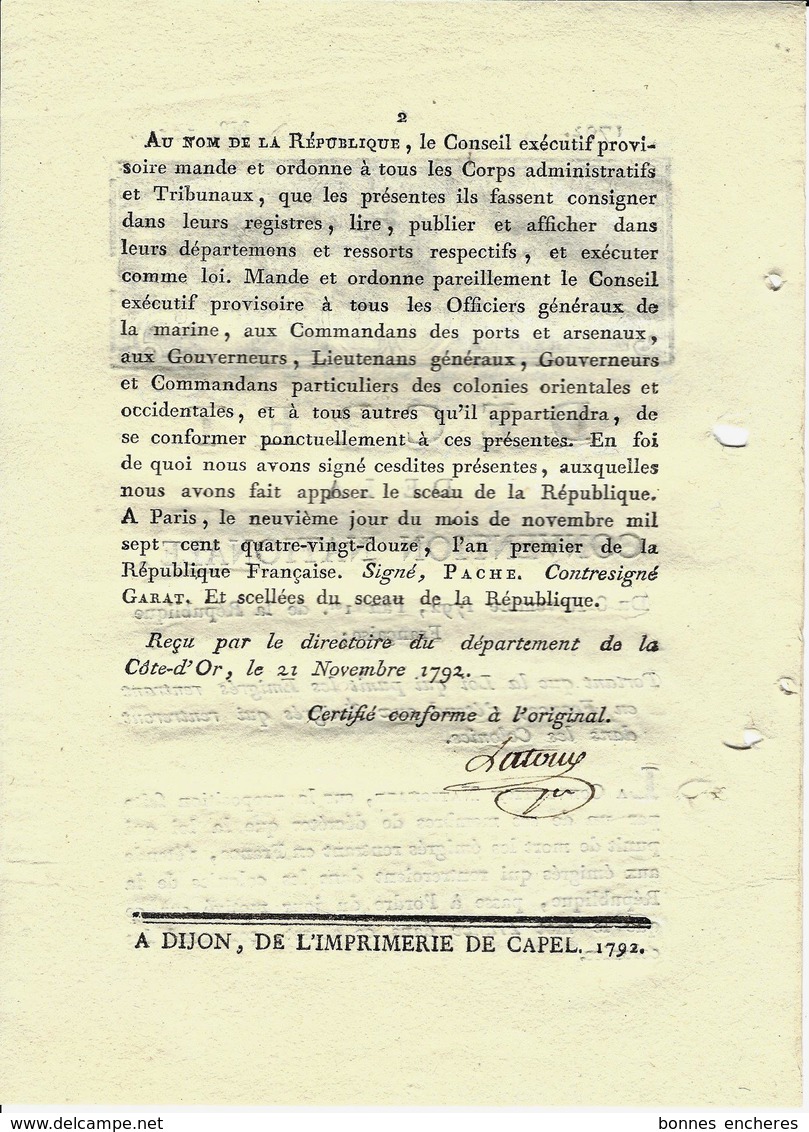 1792 REVOLUTION  DECRET CONVENTION NATIONALE LORIENT  "PORT LOUIS" Changé En "PORT DE La Liberté" - Décrets & Lois