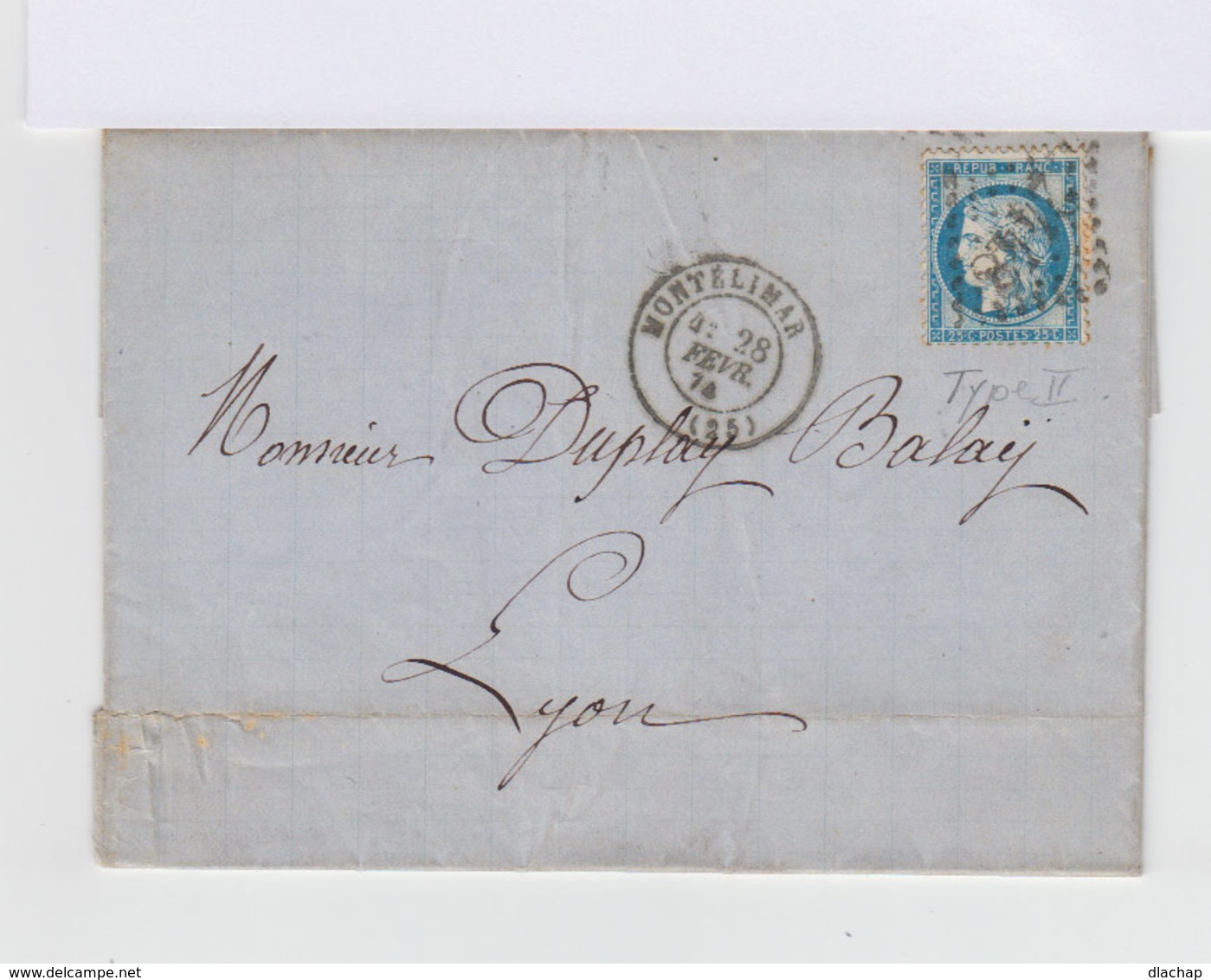 Sur Lettre Cérès 25 C. Bleu Type 2, Oblitération Losange. CAD Montélimar 1874. Avec Courrier. (691) - 1849-1876: Période Classique