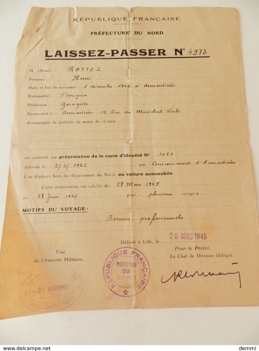 Militaria - Armentières - Laissez-Passer  - 1945 - Documents Historiques