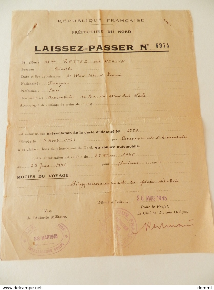 Militaria - Armentières (59) - Laissez-Passer N° 4974 - 1945 - Documents Historiques