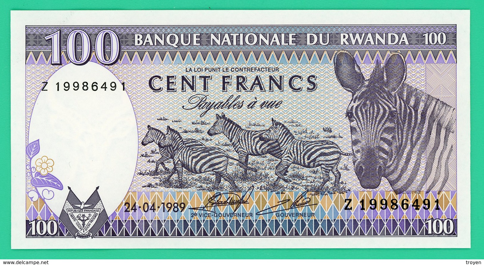 100 Francs  - Rwanda - 1989 - N° Z19986491 -  Neuf - - Rwanda