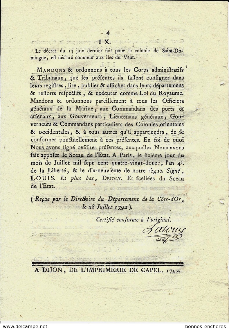 1792 LOI RELATIVES AUX COLONIES EMEUTES ST DOMINGUE HAITI B.E.VOIR SCANS - Decrees & Laws