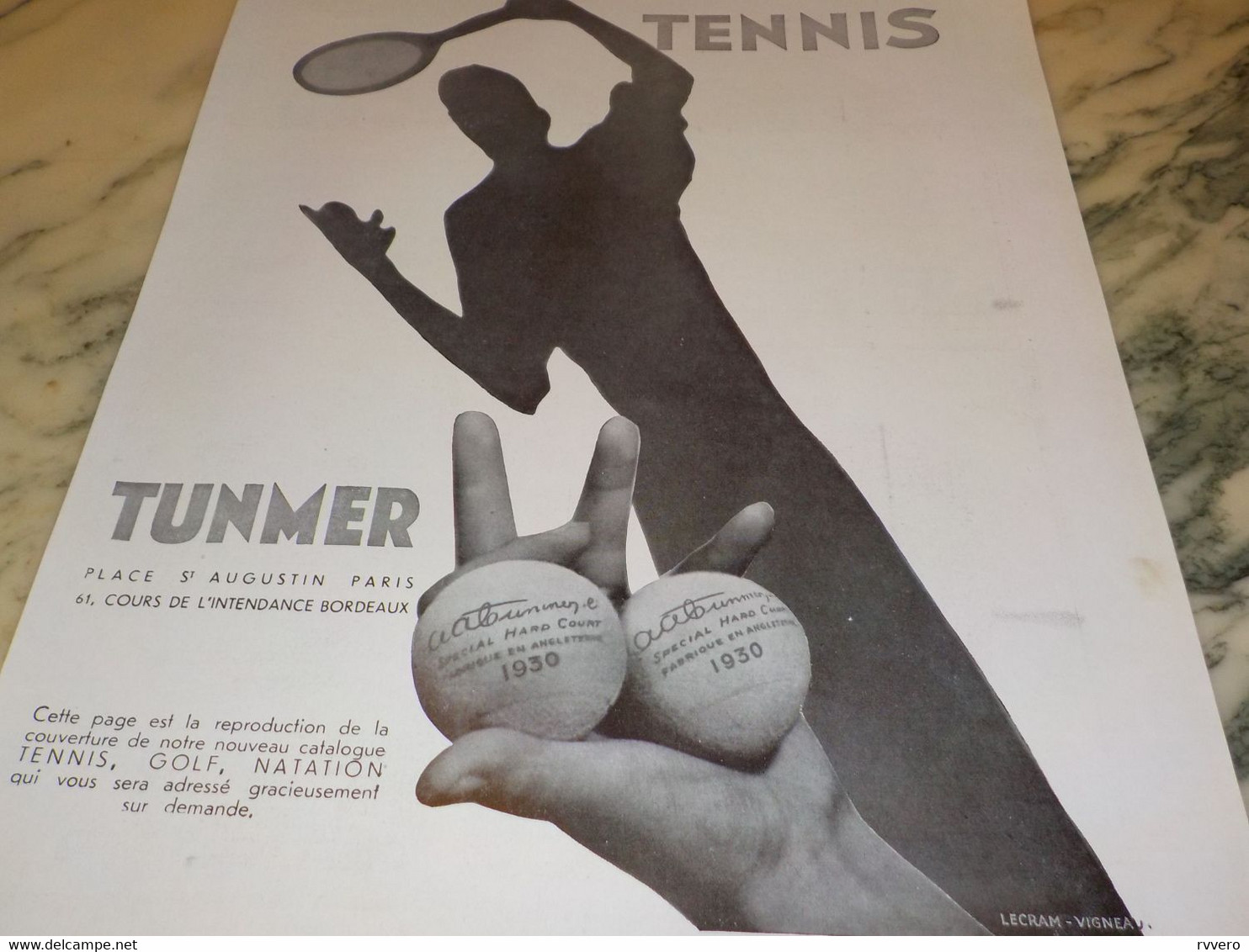 ANCIENNE PUBLICITE   TENNIS TUNMER  1930 - Sonstige & Ohne Zuordnung