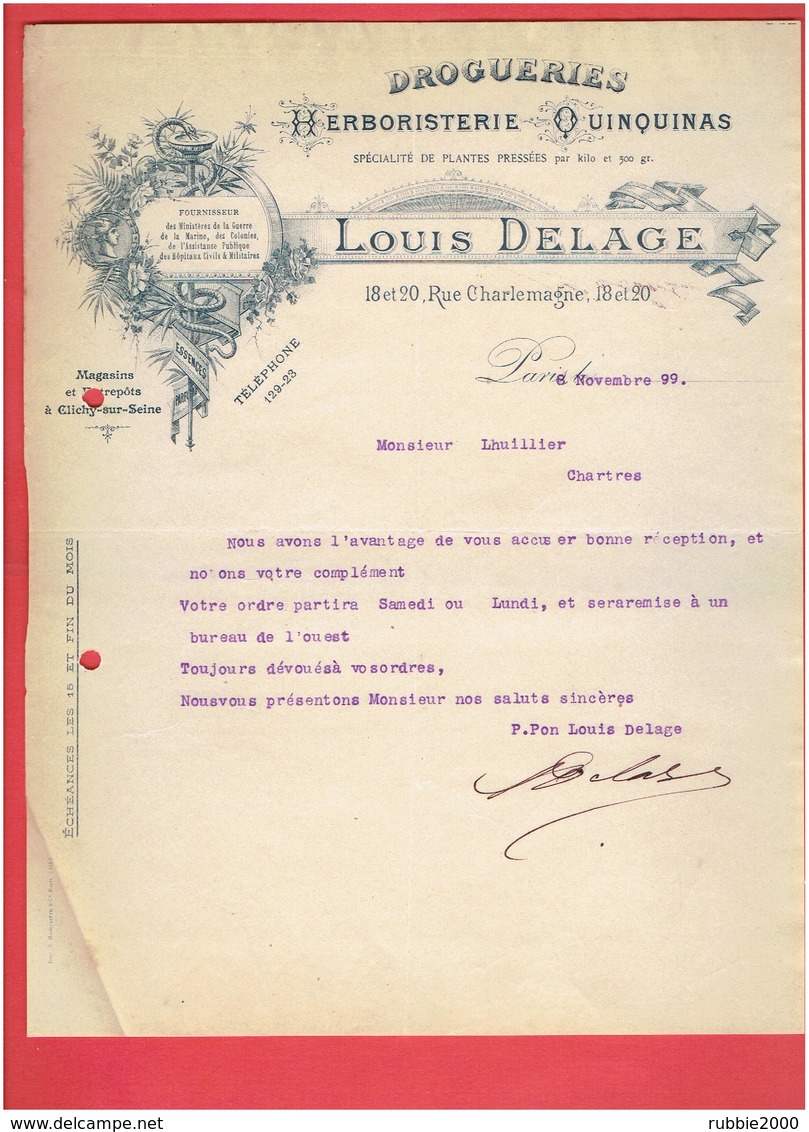 DROGUERIE HERBORISTERIE QUINQUINAS LOUIS DELAGE 18 RUE CHARLEMAGNE A PARIS 1899 - Droguerie & Parfumerie