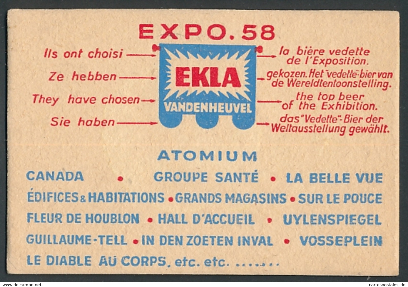 AK Vandenheuvel, Ausstellung 1958 "Ekla", Brauerei-Werbung Für Das "Vedette-Bier" - Expositions