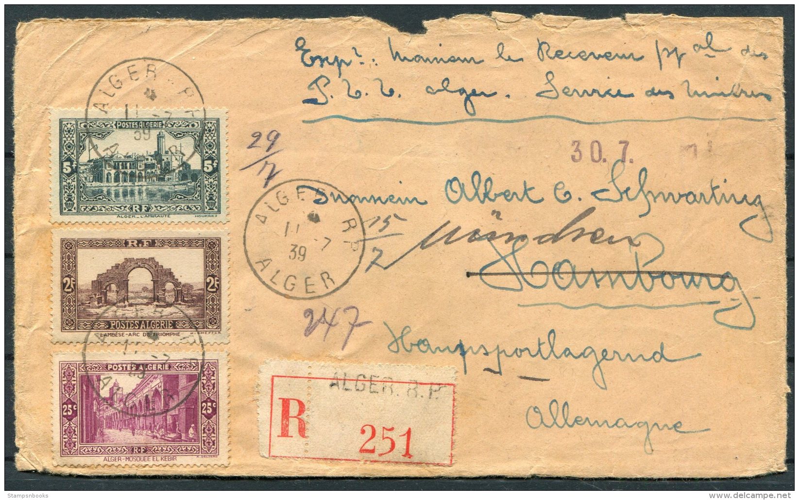 1939 Algeria Alger Registered Cover - Germany. Hamburg Redirected Munchen - Covers & Documents