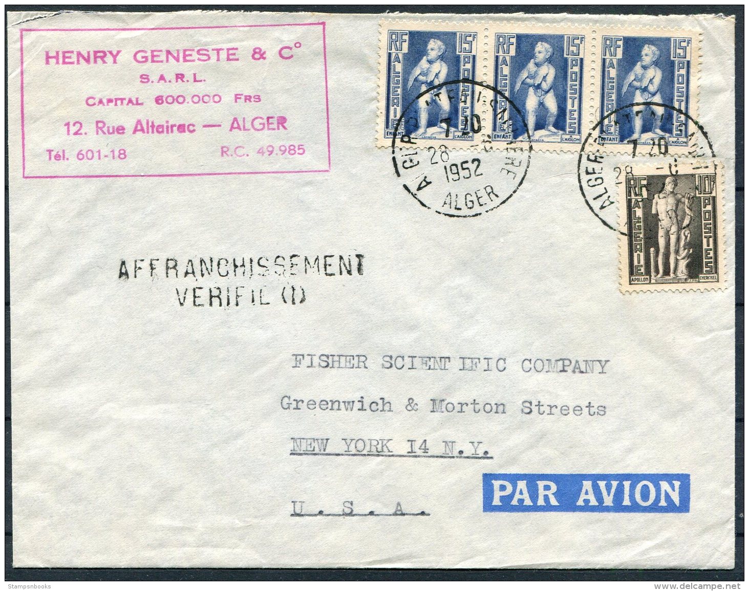 1952 Algeria Airmail Cover Heny Geneste &amp; Co , Alger - Fisher Scientific, New York USA. Affranchissement Verifid - Covers & Documents