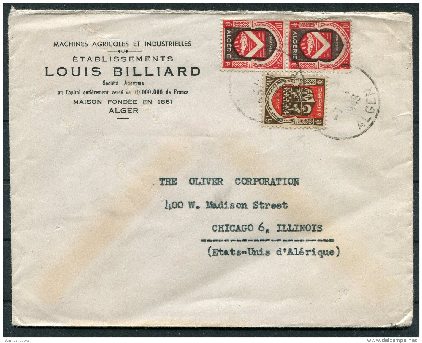 1948 Algeria Louis Billiard, Agricultural Machines Cover - Chicago USA - Covers & Documents