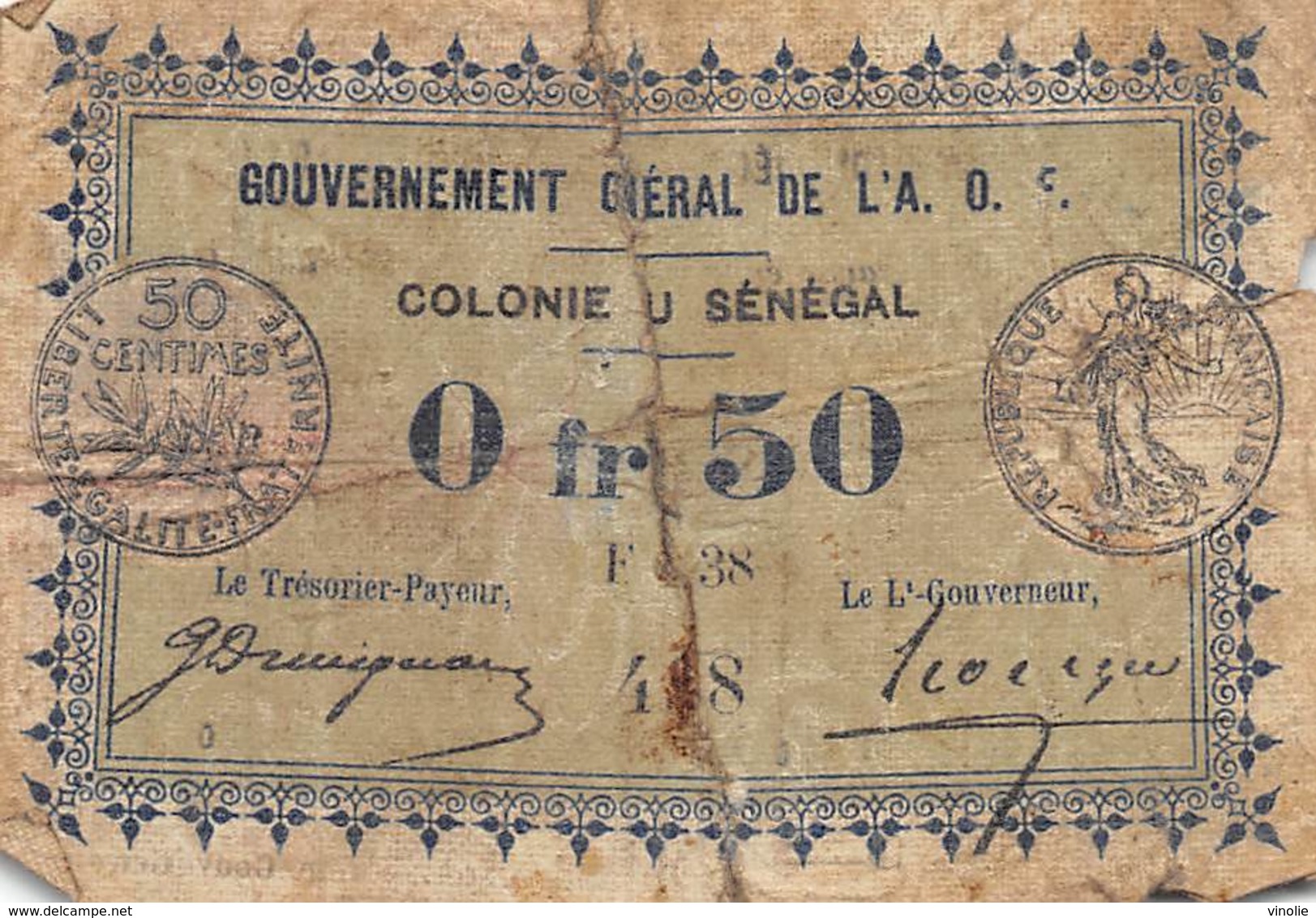 .D.18-2111 : BILLET GOUVERNEMENT GENERAL . COLONIE DU SENEGAL. 50 CENTIMES - Sénégal