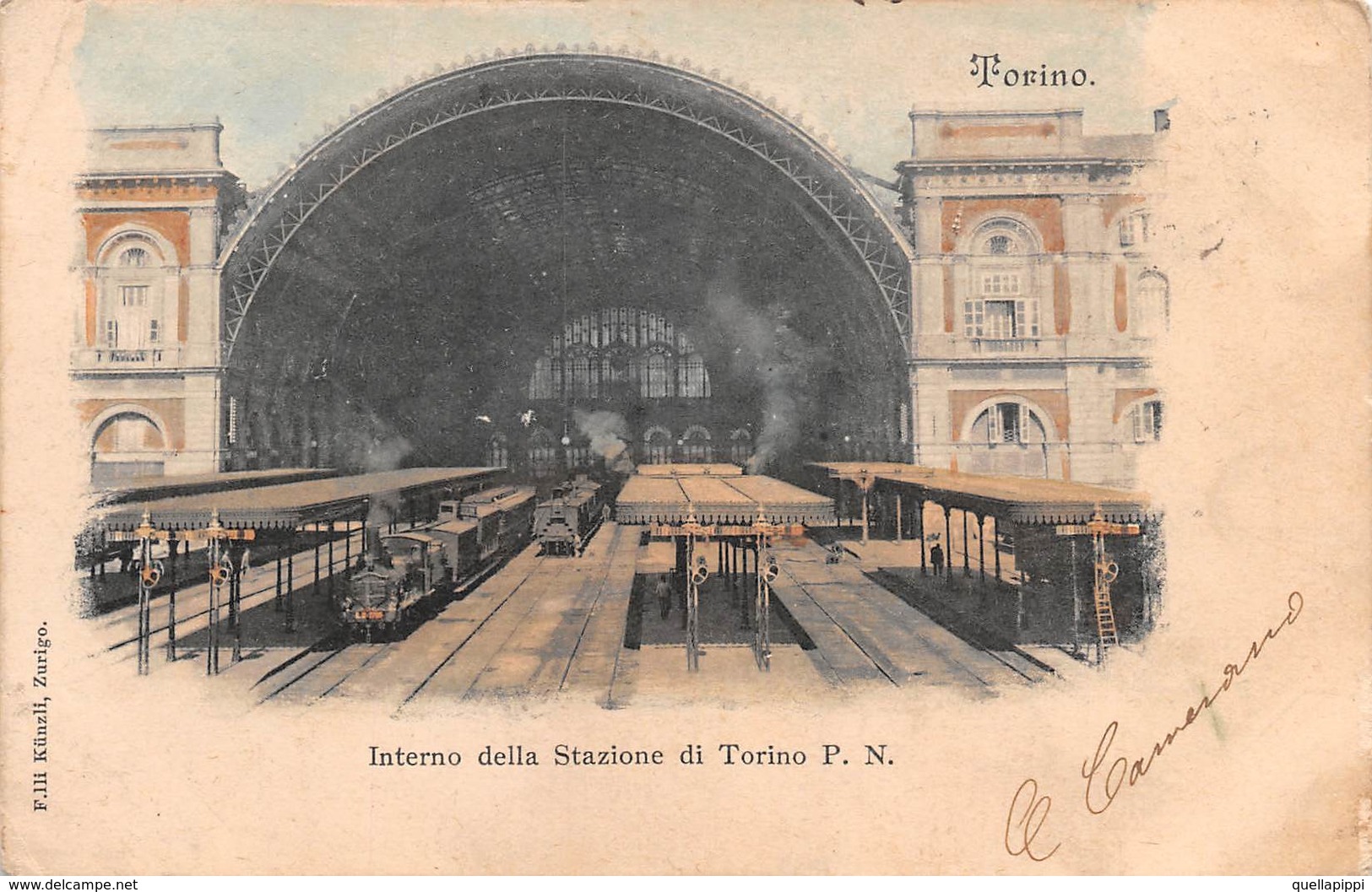 08560 "TORINO - INTERNO DELLA STAZIONE P.N." ANIMATA, TRENO BOLLO CENTESIMI 2 1896/97 STEMMA SAVOIA. CART SPED 1900 - Stazione Porta Nuova