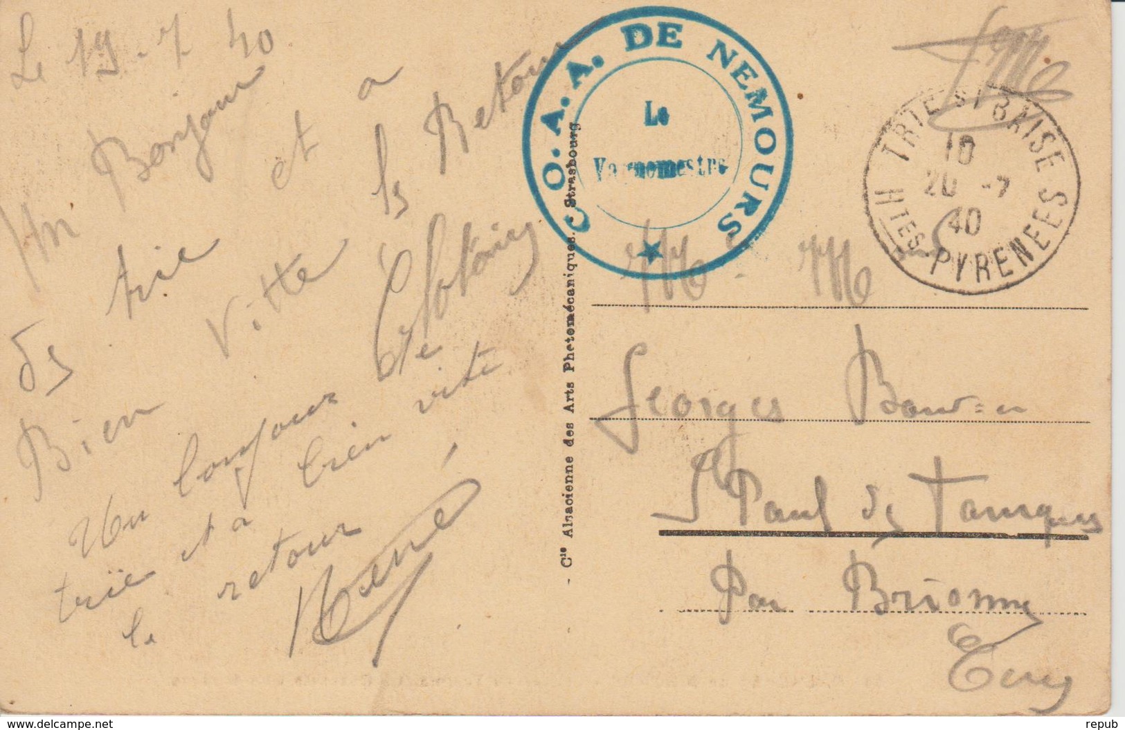 Cachet COAA De Nemours Et Cachet à Date 20-07-1940 Trie Sur Baise Hte Pyrenées Sur CPA En FM - Guerre De 1939-45