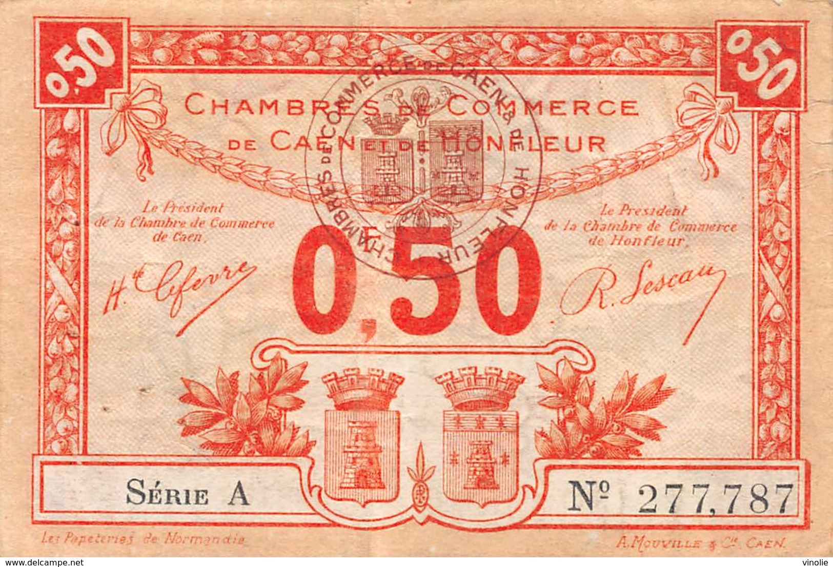 .D.18-2153 : CHAMBRE DU COMMERCE 50 CENTIMES.  CAEN ET HONFLEUR. CALVADOS. - Chambre De Commerce