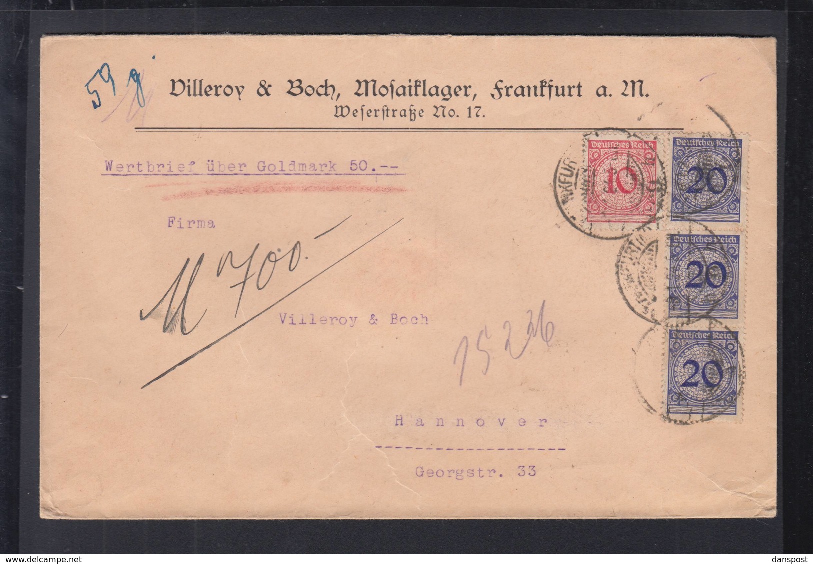 Dt. Reich Wertbrief 50 Goldmark 1921 Frankfurt Am Main Nach Hannover - Briefe U. Dokumente