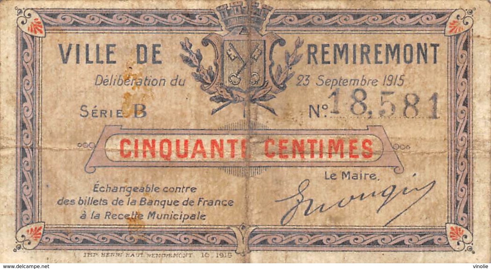 .D.18-2166 : CHAMBRE DU COMMERCE 50 CENTIMES. REMIREMENT. VOSGES - Chambre De Commerce