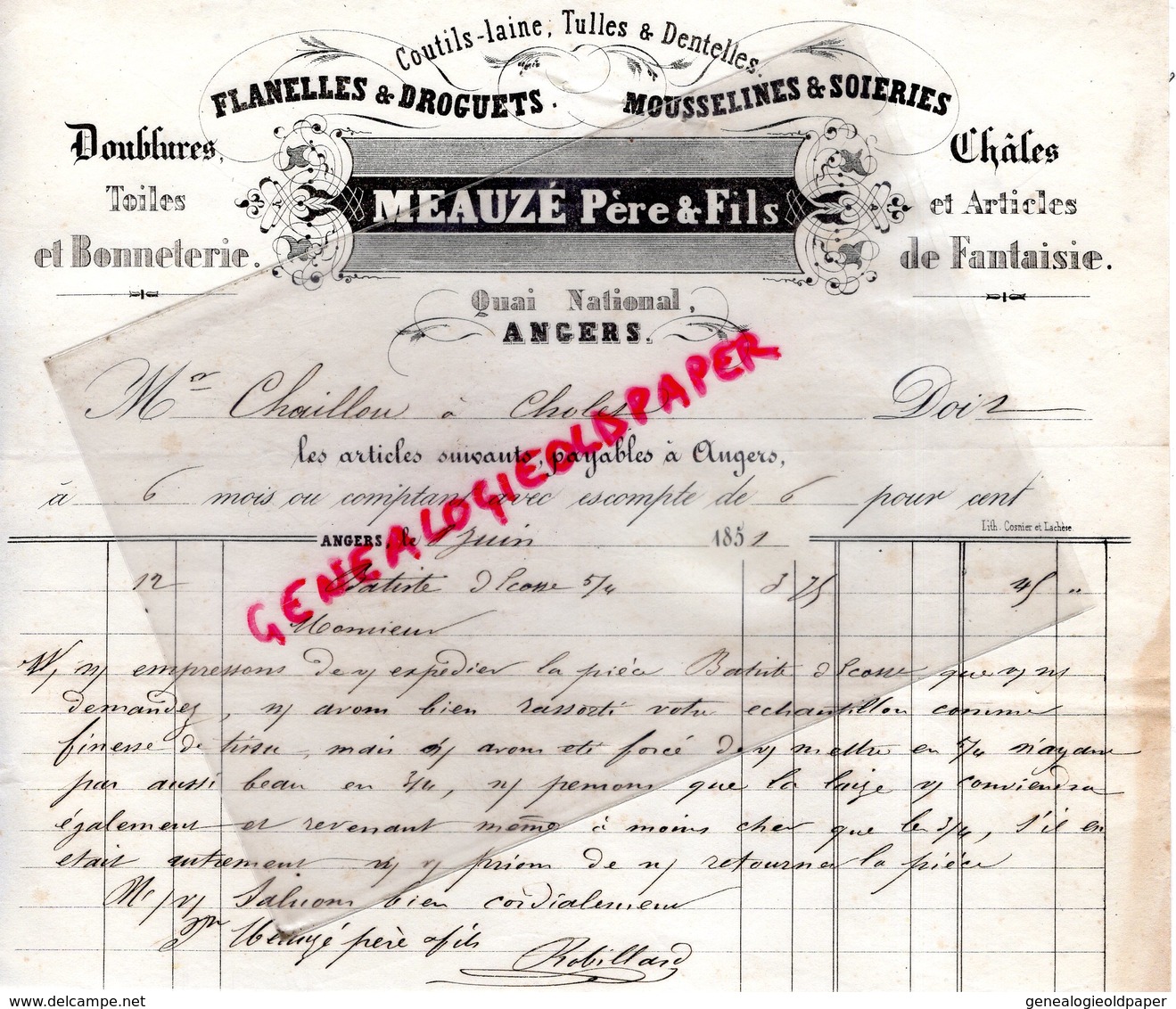 49- ANGERS- RARE FACTURE 1851- MEAUZE PERE & FILS- BONNETERIE FLANELLES DROGUETS-SOIERIES-SOIR-SILK- QUAI NATIONAL - 1800 – 1899