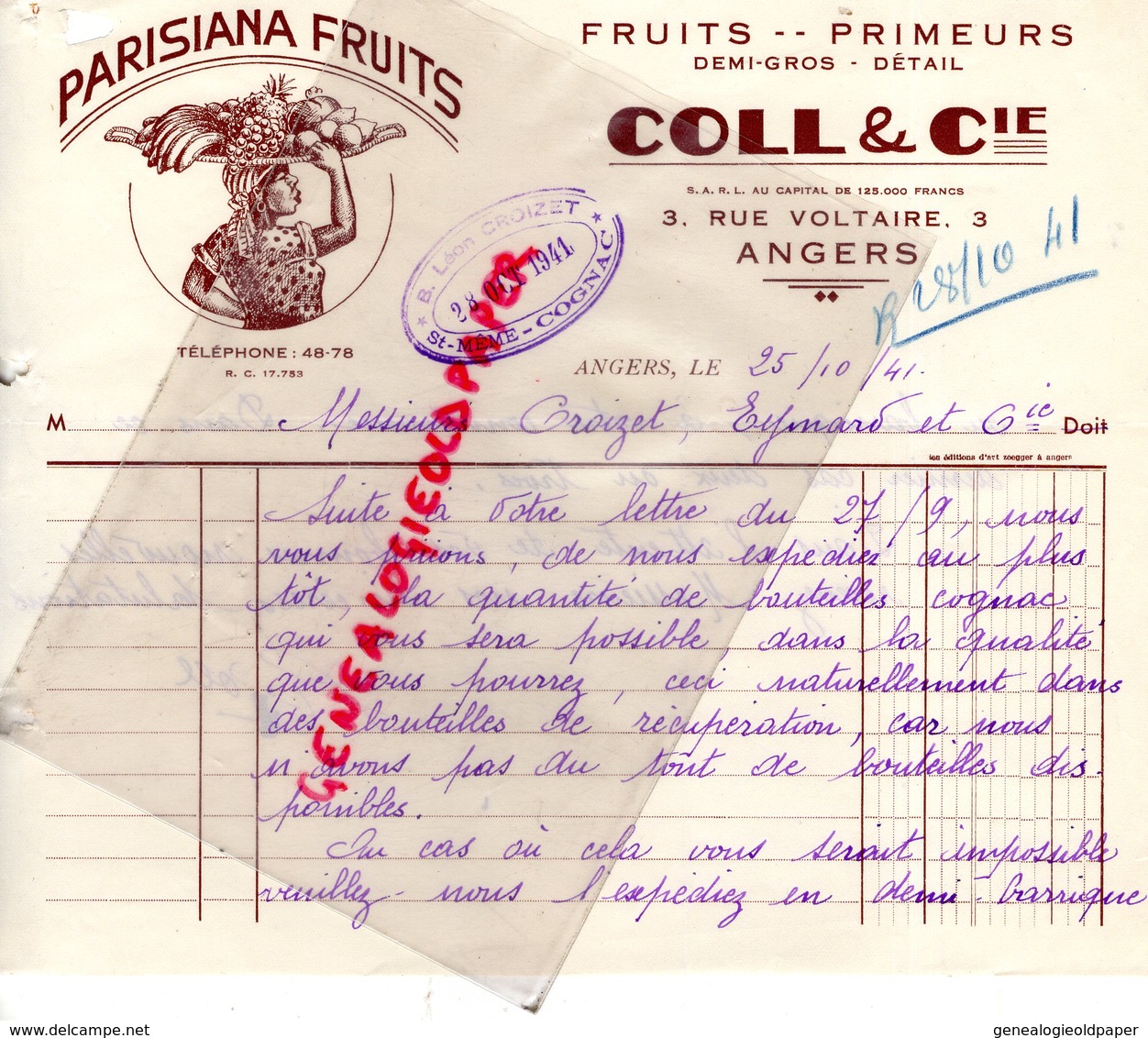 49- ANGERS- FACTURE PARISIANA FRUITS- PRIMEURS- COLL & CIE- 3 RUE VOLTAIRE-CACHET B. LEON CROIZET SAINT MEME COGNAC-1941 - Alimentaire