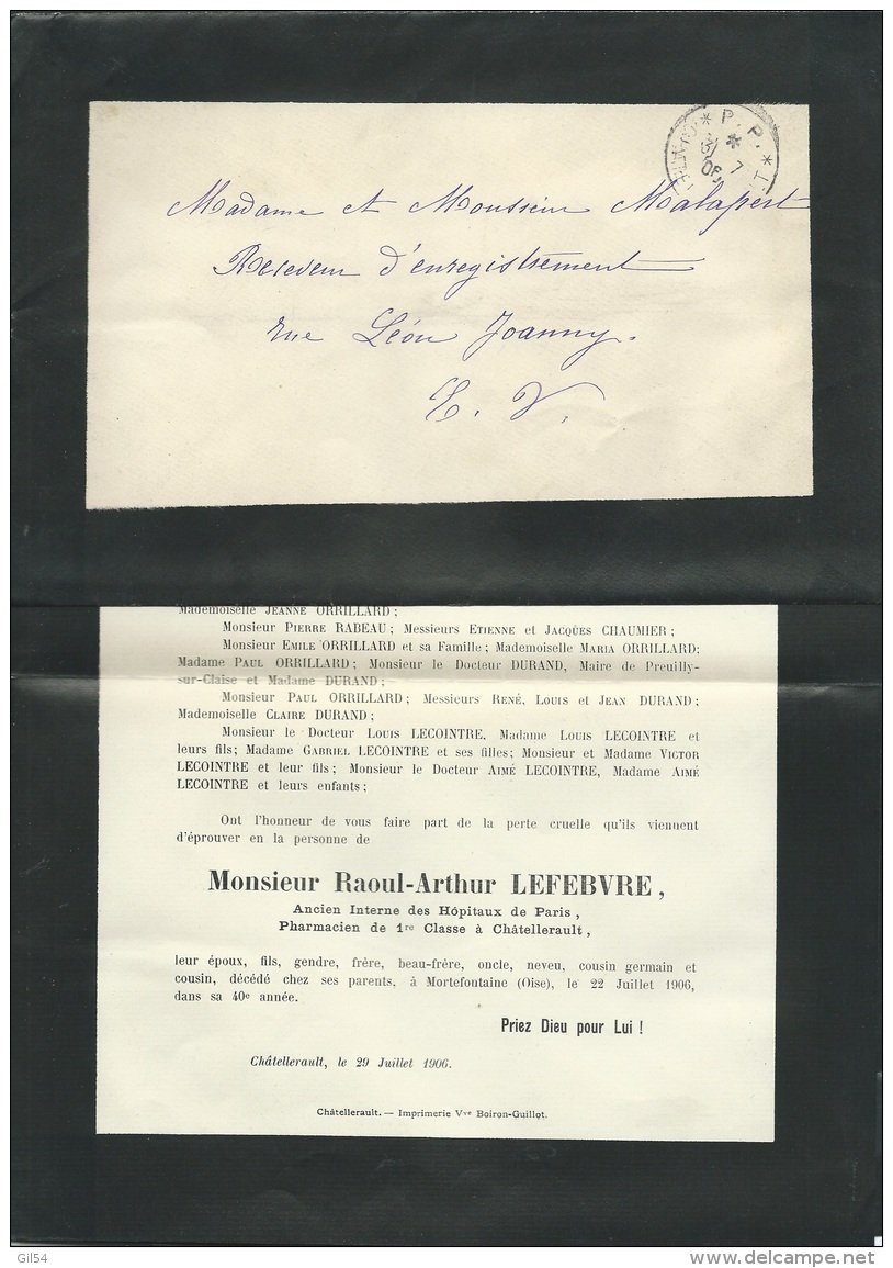 Faire Part Déces De M Raoul Arthur Lefebvre (  Pharmacien )  à Morftefontaine ( Dpt 60 )  Le 22/07/1906   Lo42908 - Avvisi Di Necrologio