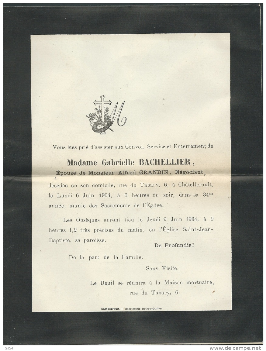 F.P. Déces De Mme  Gabrielle Bachellier épouse De M Alfred  Grandin   à Chatellerault Le 6/06/1904 Lo43004 - Avvisi Di Necrologio