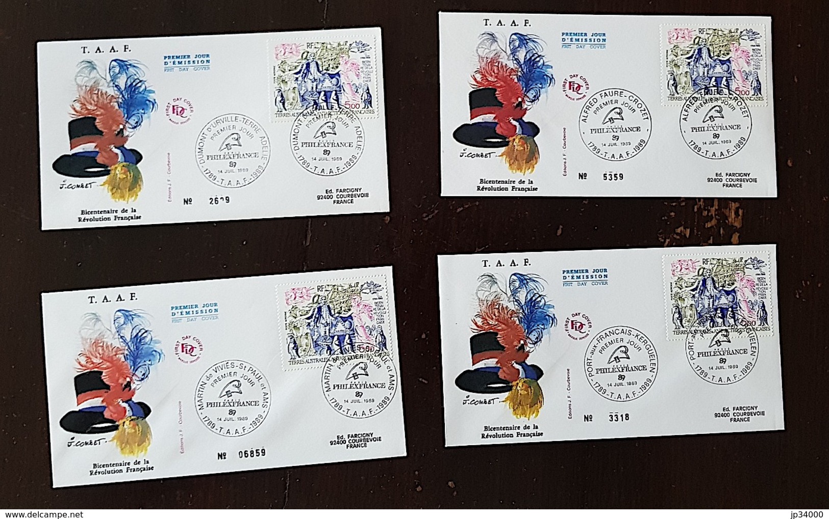 TAAF Bicentenaire Révolution Française. Yvert PA 107. FDC, 4 Enveloppes 1er Jour Illustrées 4 Cachets Differents - Rivoluzione Francese