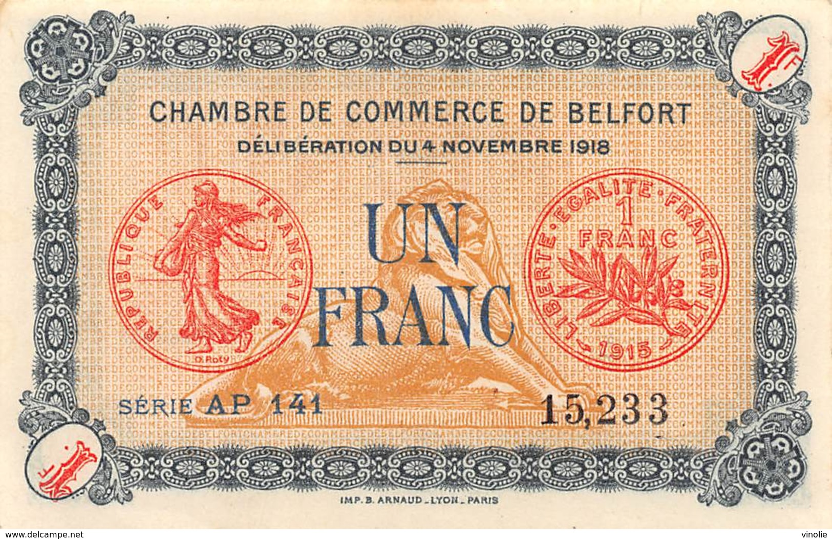 .D.18-2196 : CHAMBRE DU COMMERCE 1 FRANC. BELFORT - Chambre De Commerce