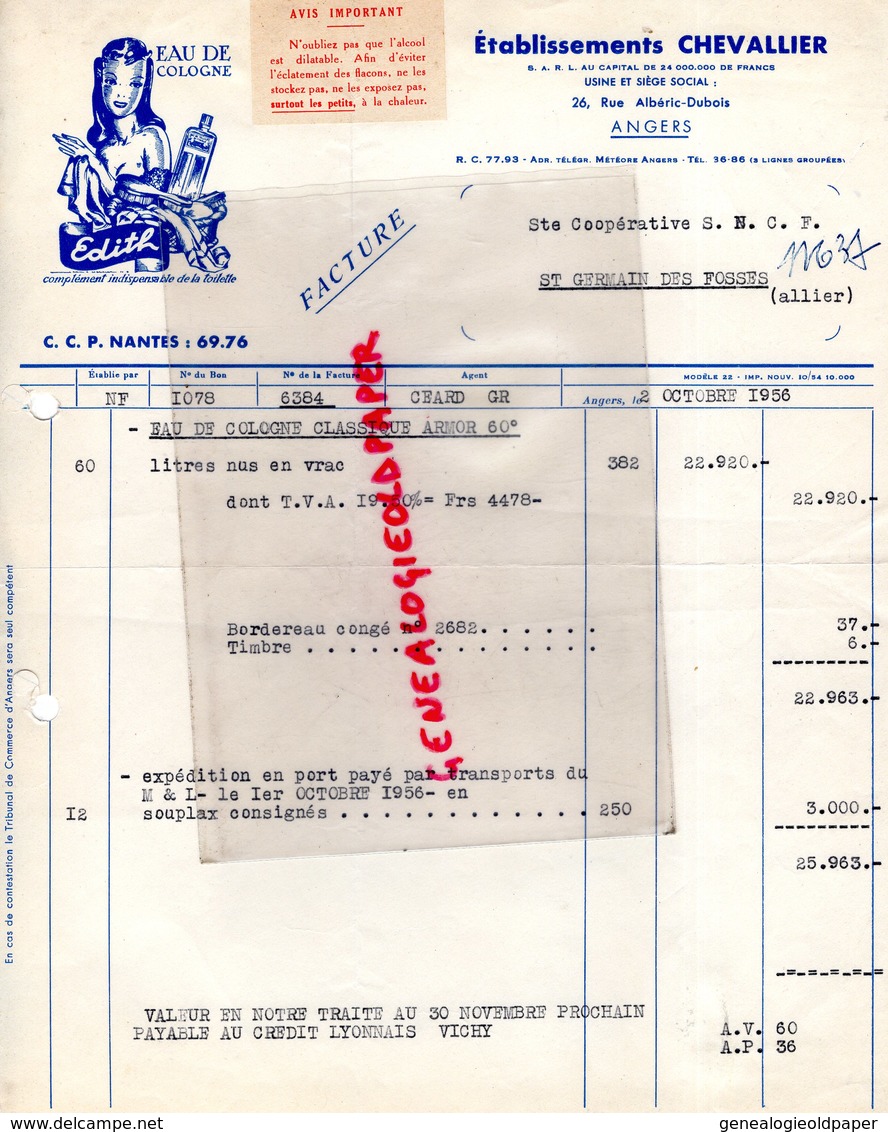 49- ANGERS- FACTURE ETS. CHEVALLIER- EAU DE COLOGNE EDITH- 1956 PARFUM  PARFUMERIE- 26 RUE ALBERIC DUBOIS - Petits Métiers