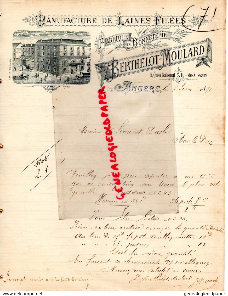 49- ANGERS-RARE FACTURE MANUSCRITE SIGNEE BERTHELOT MOULARD- MANUFACTURE LAINES FILEES- FABRIQUE BONNETERIE-1891 - Textile & Vestimentaire