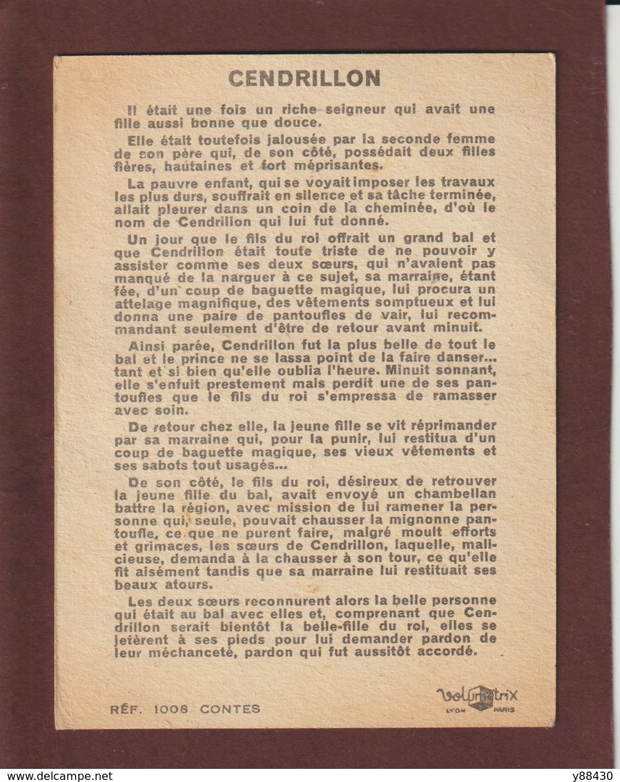 Fiche Cartonnée Volumétrix - CENDRILLON -  Série CONTES - Réf. 1008 - Voir Photos Face & Dos - Collections
