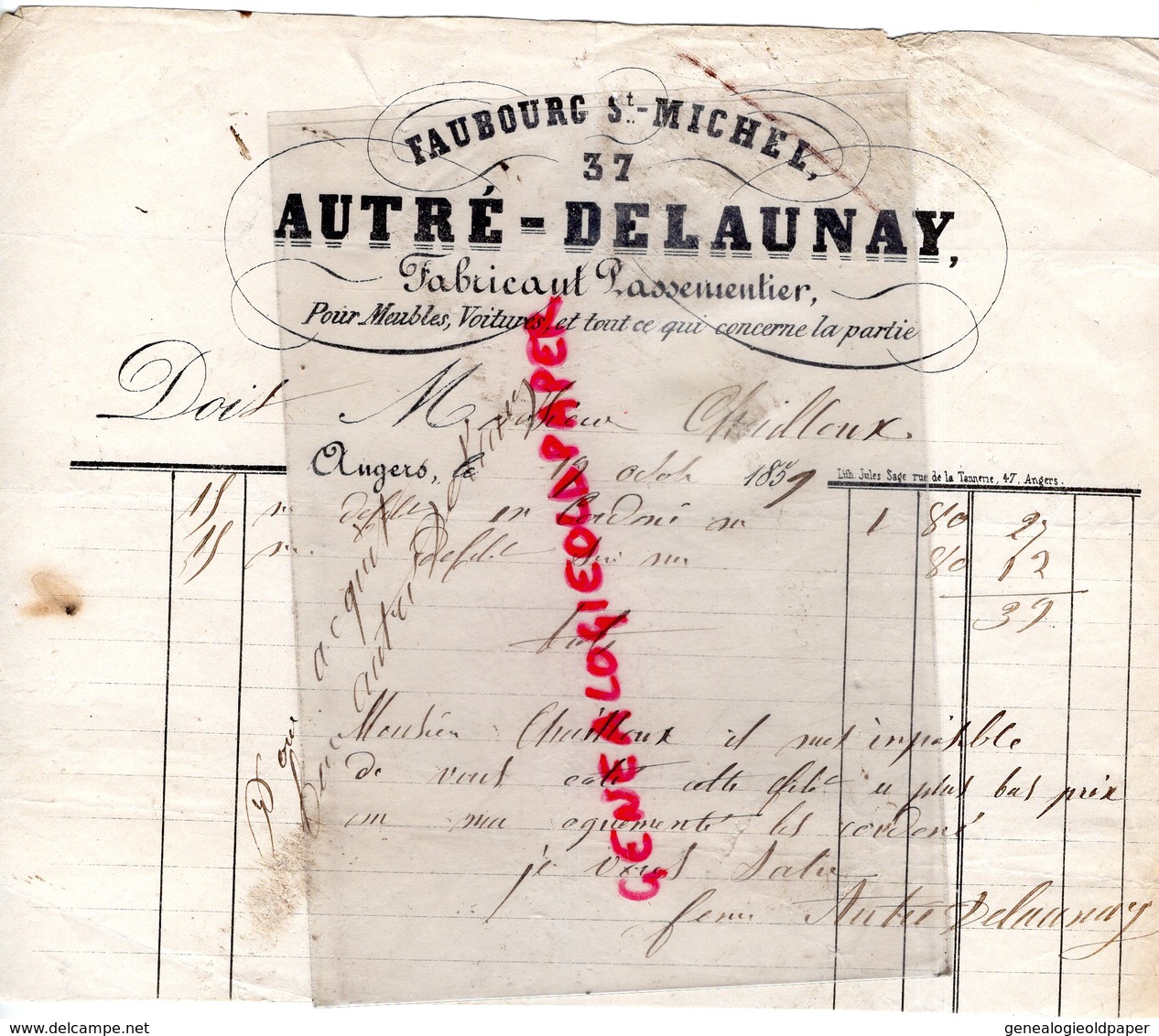 49-ANGERS-RARE FACTURE MANUSCRITE SIGNEE AUTRE DELAUNAY- 37 FAUBOURG SAINT MICHEL-FABRICANT PASSEMENTIER-1851 - Petits Métiers