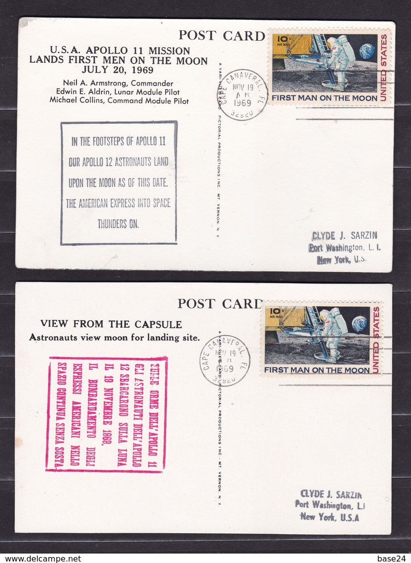 1969 USA L'UOMO SULLA LUNA APOLLO 11  MAN ON THE MOON 2 Cartoline Lenticolari 3D Cape Canaveral Viaggiate New York - USA