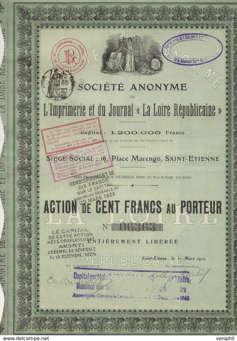 ACTION ILLUSTREE 100 FRS - SOCIETE ANONYME DE L'IMPRIMERIE ET DU JOURNAL  LA LOIRE REPUBLICAINE ANNEE 1910 - Chemin De Fer & Tramway