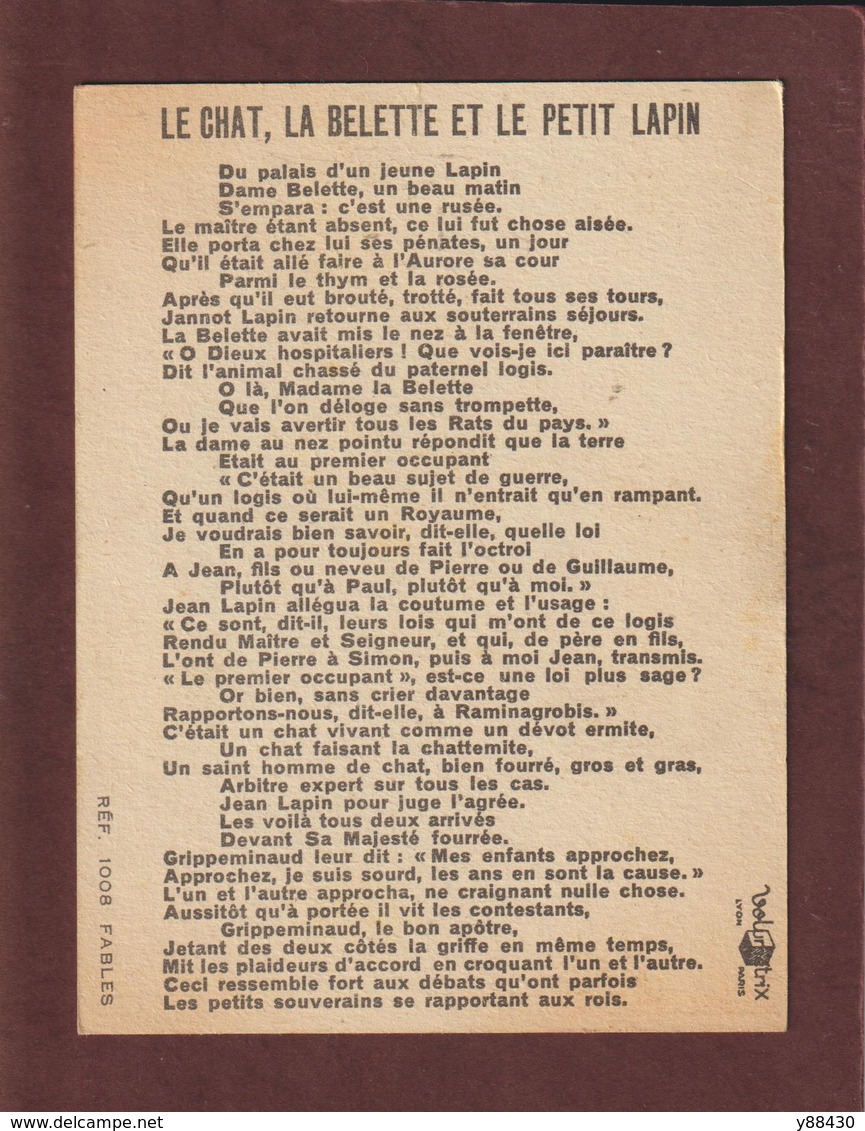 Fiche Cartonnée Volumétrix - LE CHAT, LA BELETTE ET LE PETIT LAPIN -  Série Fables - Réf. 1008 - Voir Photos Face & Dos - Collections