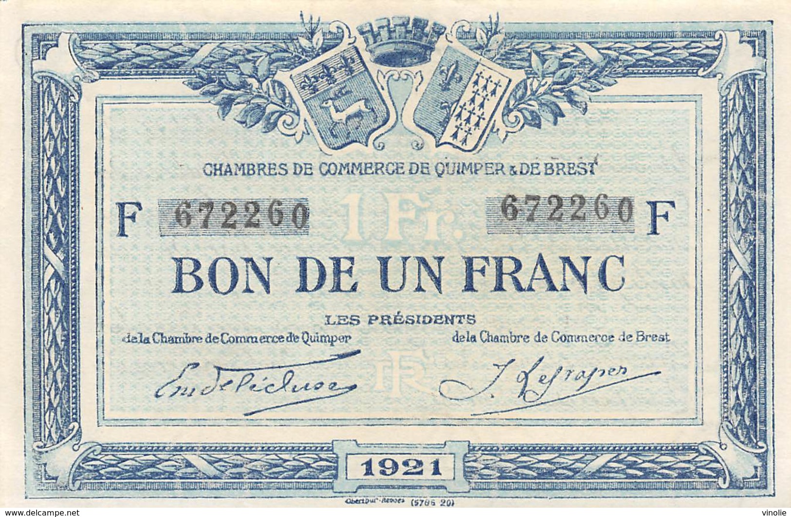 .D.18-2227 : CHAMBRE DU COMMERCE 1 FRANC. QUIMPER ET BREST. FINISTERE - Chamber Of Commerce