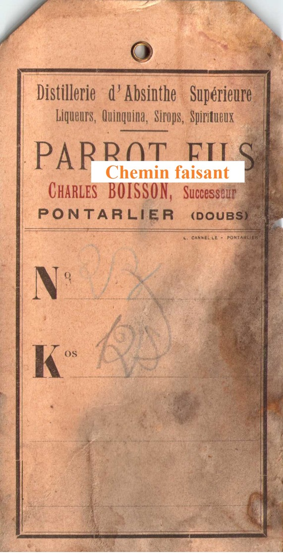 Etiquette D'ABSINTHE -  PARROT Fils Successeur CHARLES BOISSON Distillerie Absinthe Pontarlier 25  -  Scans Recto-verso - Alimentaire